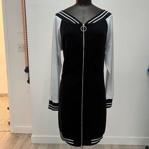 Black White Zip-Up Sporty Mini Dress | Long Sleeve Contrast Trim Streetwear